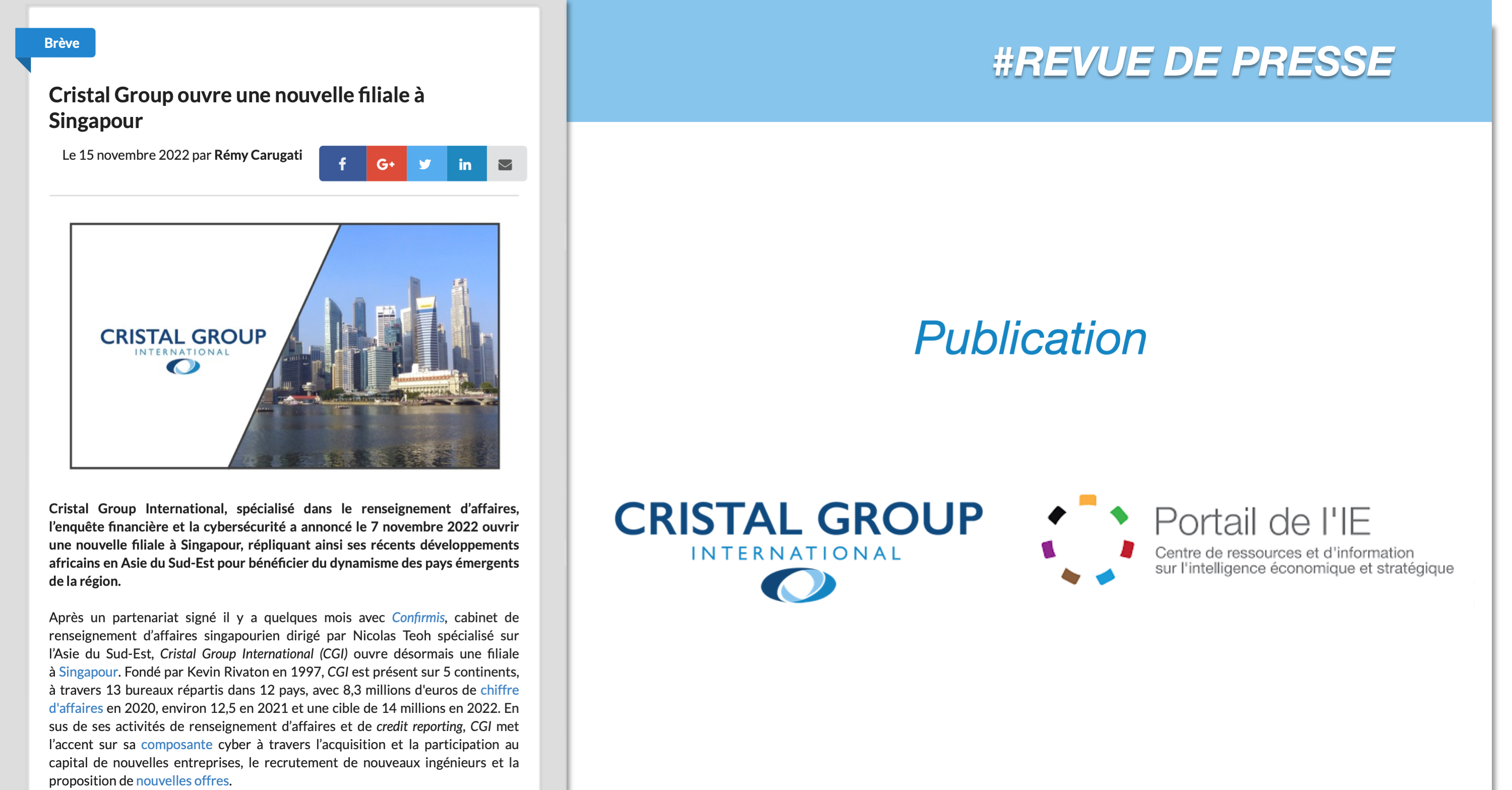 [REVUE DE PRESSE]: Cristal Group International ouvre une nouvelle filiale à Singapour